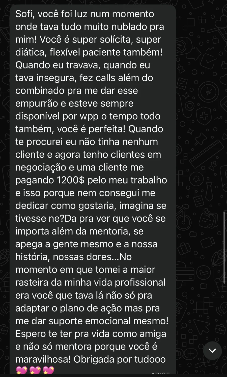 Mensagem de mentorada contando que saiu de nenhum cliente para clientes em negociação e uma cliente pagante