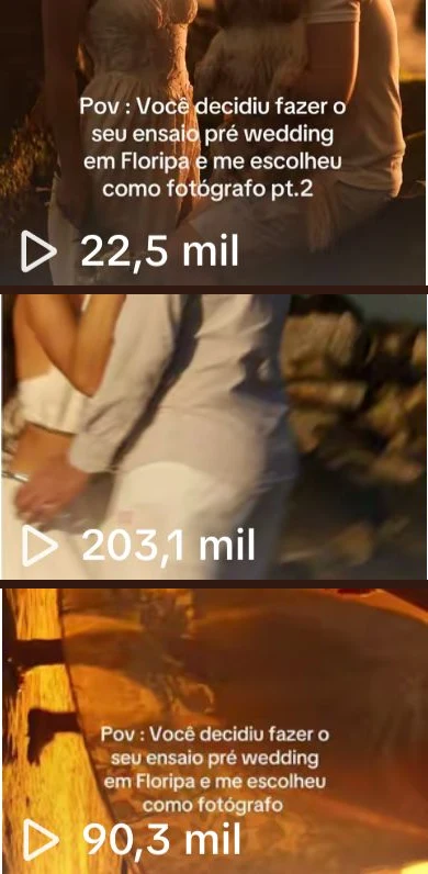 Três reels de um fotógrafo de casamento mentorado, com 22,5 mil, 203,1 mil e 90,3 mil visualizações