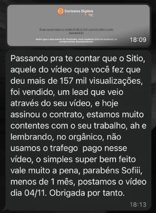Mensagem da Contratos Digitais contando que o sítio do vídeo com mais de 157 mil visualizações foi vendido para um lead que veio do vídeo, no orgânico, menos de um mês depois da postagem